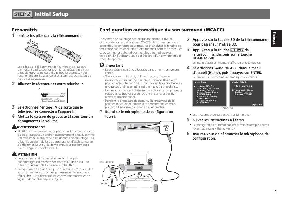 Initial setup, Préparatifs, Conﬁ guration automatique du son surround (mcacc) | Pioneer VSX-S510-S User Manual | Page 15 / 60