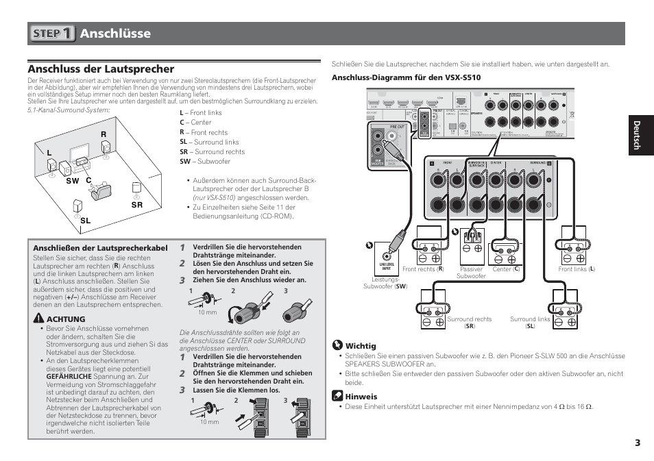 Anschlüsse, Anschluss der lautsprecher | Pioneer VSX-S510-S User Manual | Page 19 / 60
