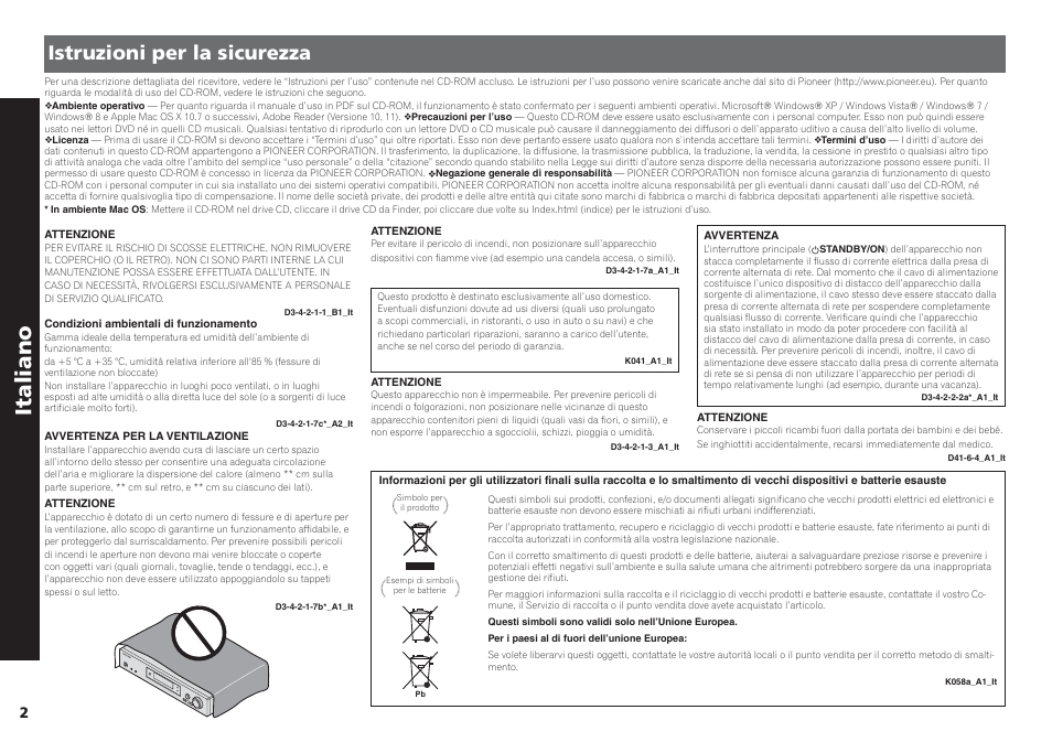 Sintoamplificatore av, Guida di avvio rapido, Italiano | Istruzioni per la sicurezza | Pioneer VSX-S510-S User Manual | Page 26 / 60