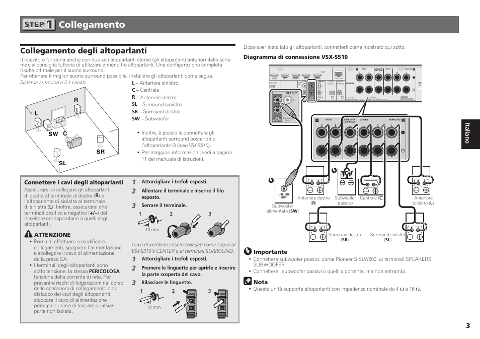 Collegamento, Collegamento degli altoparlanti | Pioneer VSX-S510-S User Manual | Page 27 / 60