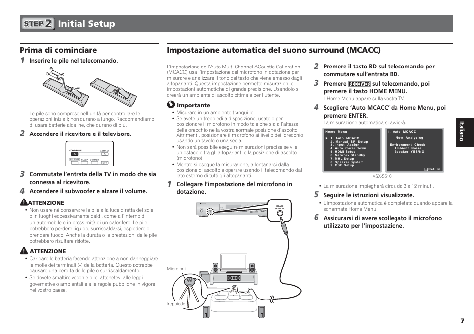 Initial setup, Prima di cominciare, Impostazione automatica del suono surround (mcacc) | Pioneer VSX-S510-S User Manual | Page 31 / 60