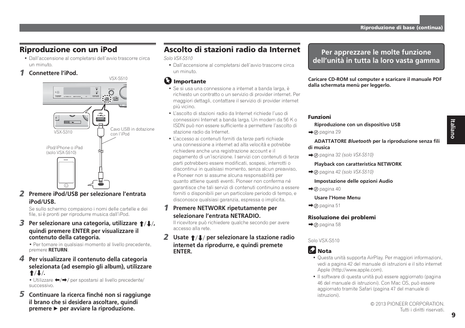 Riproduzione con un ipod, Ascolto di stazioni radio da internet | Pioneer VSX-S510-S User Manual | Page 33 / 60
