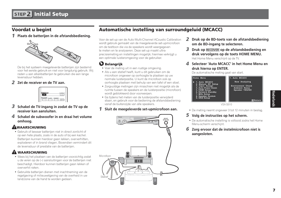 Initial setup, Voordat u begint, Automatische instelling van surroundgeluid (mcacc) | Pioneer VSX-S510-S User Manual | Page 39 / 60