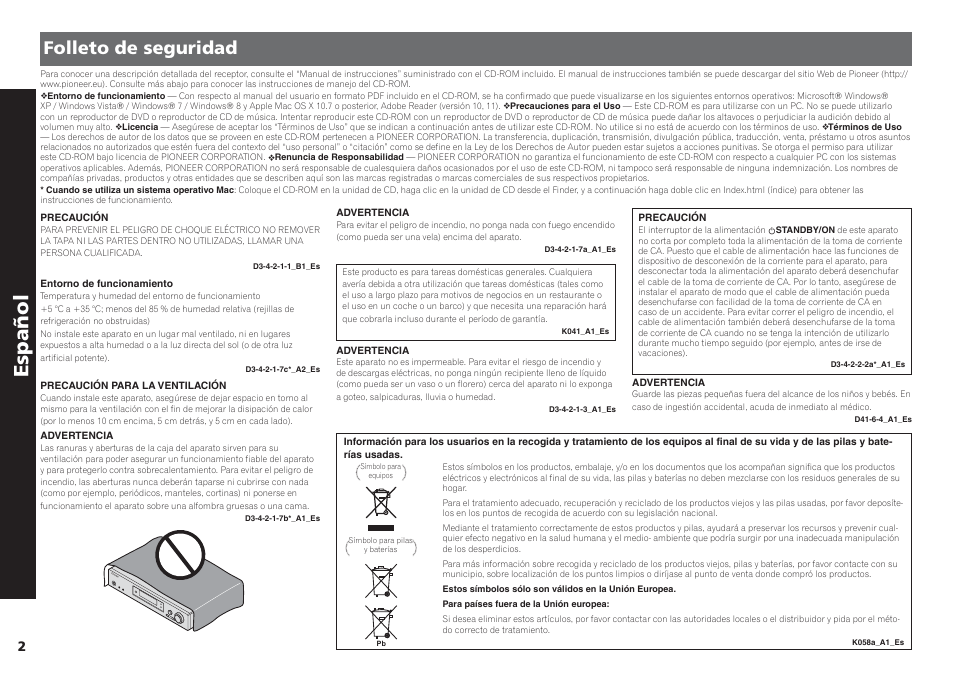 Receptor av, Guía de inicio rápido, Español | Folleto de seguridad | Pioneer VSX-S510-S User Manual | Page 42 / 60
