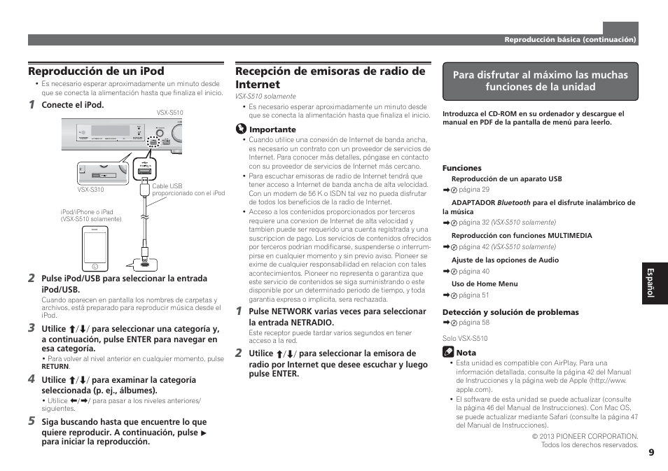 Reproducción de un ipod, Recepción de emisoras de radio de internet | Pioneer VSX-S510-S User Manual | Page 49 / 60