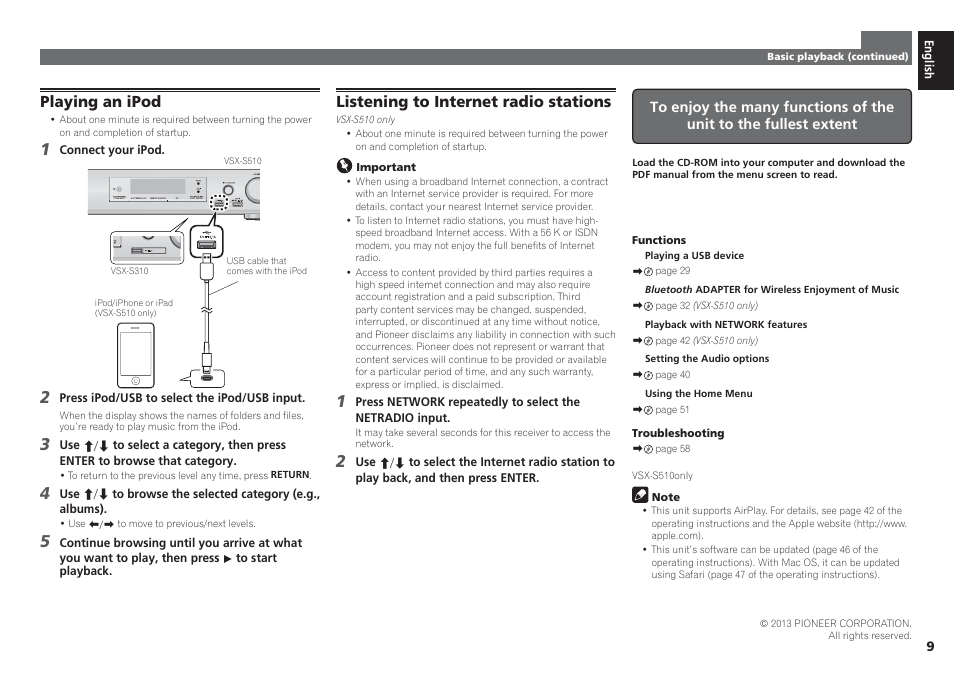 Playing an ipod, Listening to internet radio stations | Pioneer VSX-S510-S User Manual | Page 9 / 60