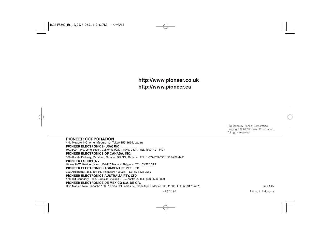 Pioneer BCS-FS500 User Manual | Page 56 / 56