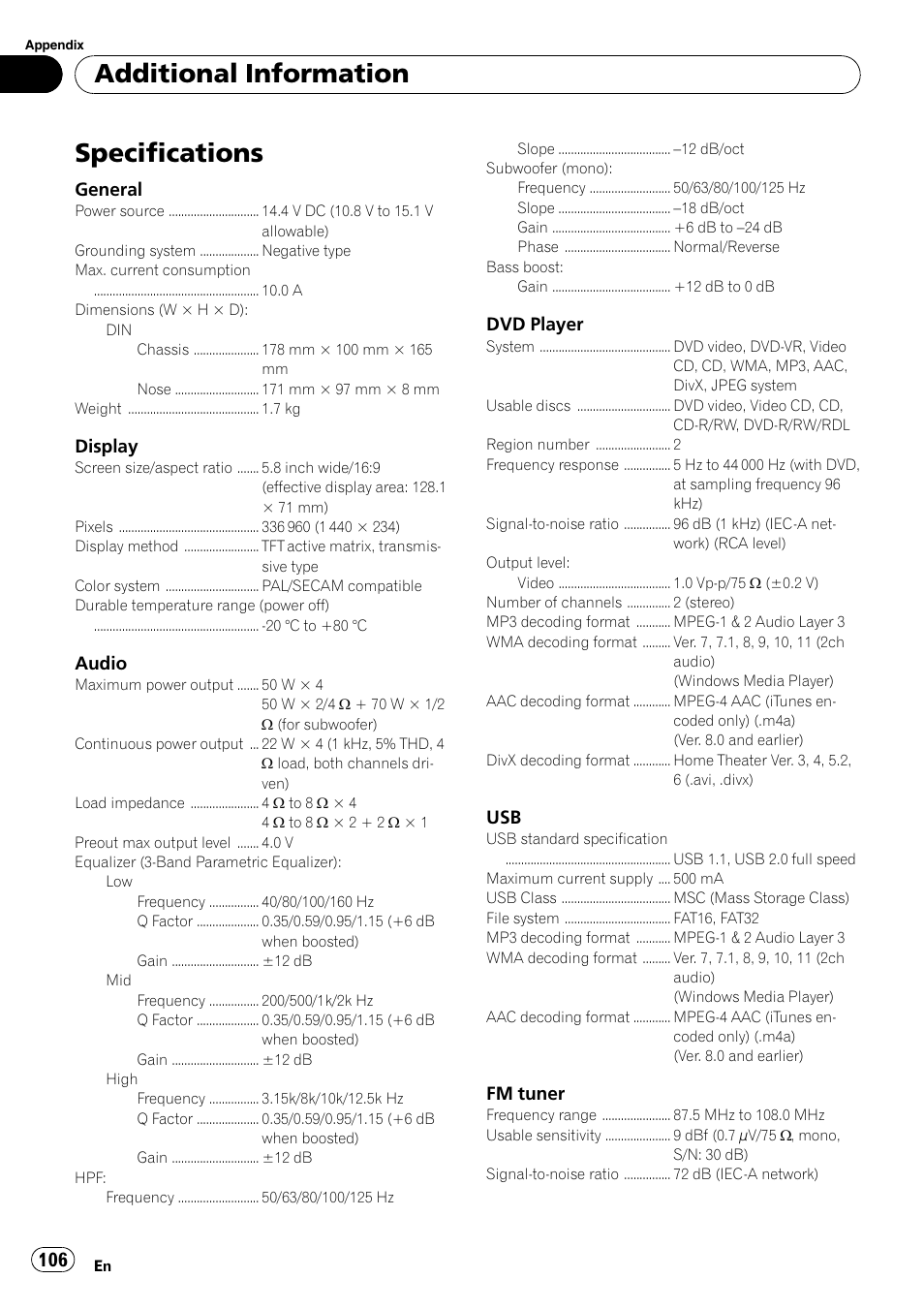 Specifications, Additional information | Pioneer AVH-P3100DVD User Manual | Page 106 / 109