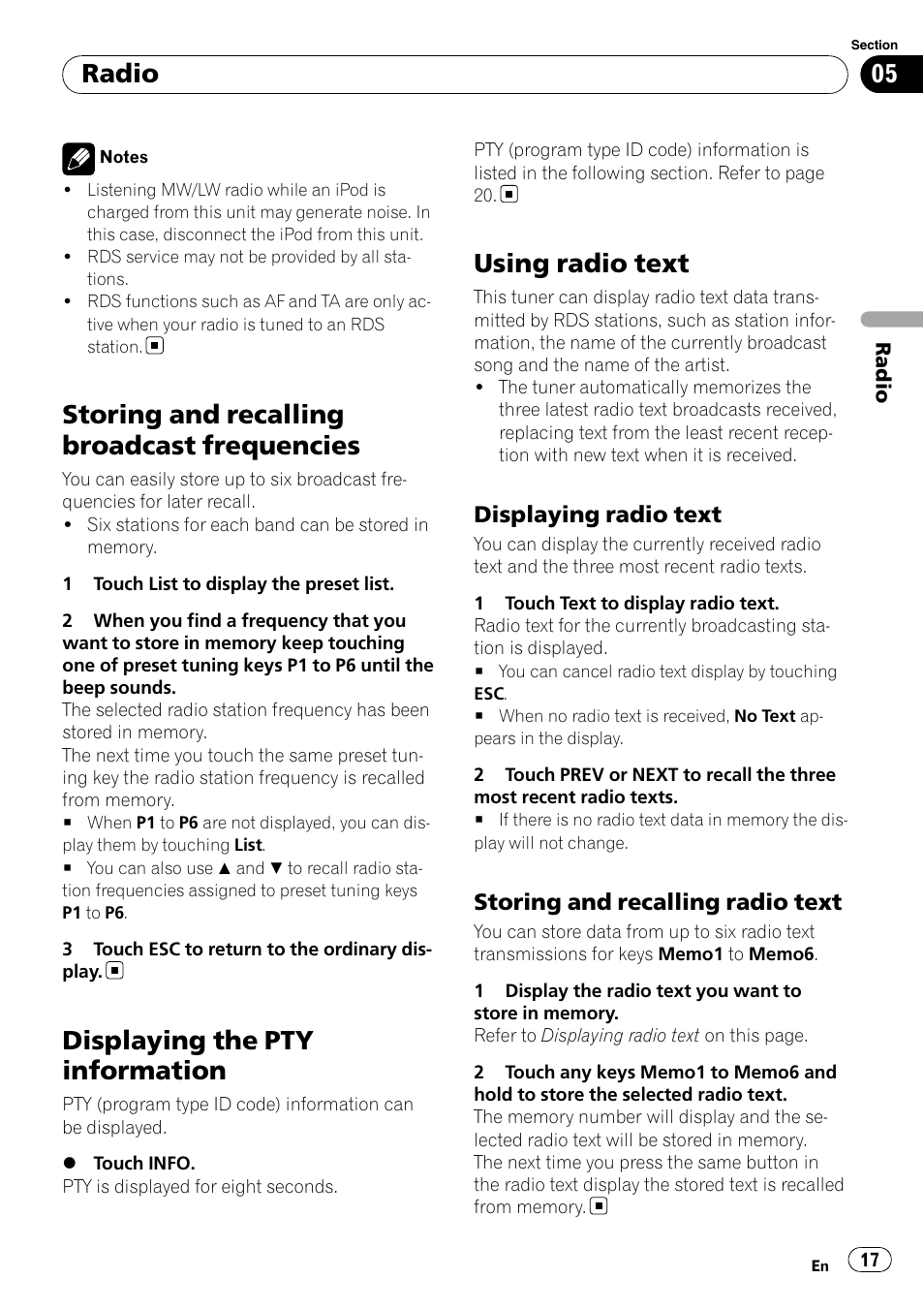 Storing and recalling broadcast, Frequencies, Displaying the pty information | Using radio text, Storing and recalling broadcast frequencies, Radio, Displaying radio text, Storing and recalling radio text | Pioneer AVH-P3100DVD User Manual | Page 17 / 109