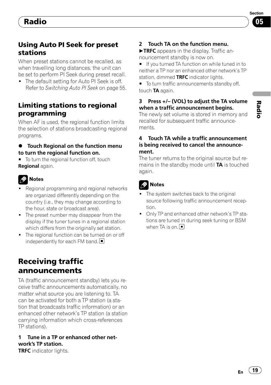 Receiving traffic announcements, Radio, Using auto pi seek for preset stations | Limiting stations to regional programming | Pioneer AVH-P3100DVD User Manual | Page 19 / 109