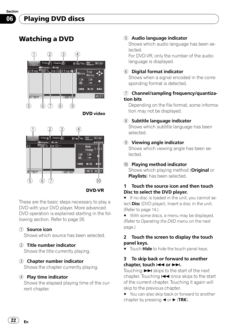 Playing dvd discs watching a dvd, Watching a dvd, Playing dvd discs | Pioneer AVH-P3100DVD User Manual | Page 22 / 109