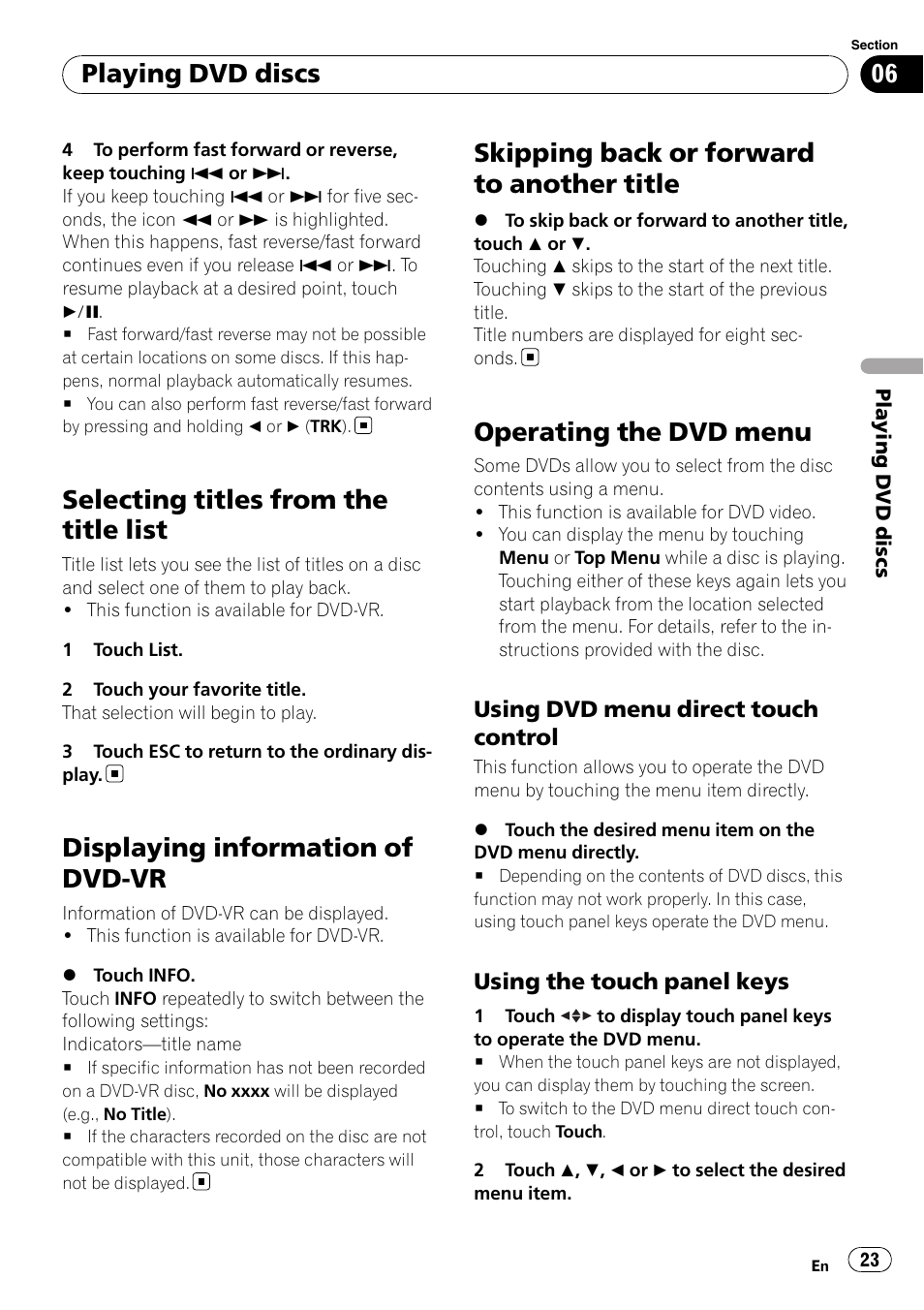 Selecting titles from the title list, Displaying information of dvd-vr, Skipping back or forward to another title | Operating the dvd menu, Playing dvd discs | Pioneer AVH-P3100DVD User Manual | Page 23 / 109