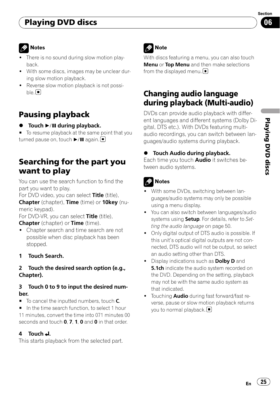 Pausing playback, Searching for the part you want to play, Changing audio language during playback | Multi-audio), Playing dvd discs | Pioneer AVH-P3100DVD User Manual | Page 25 / 109