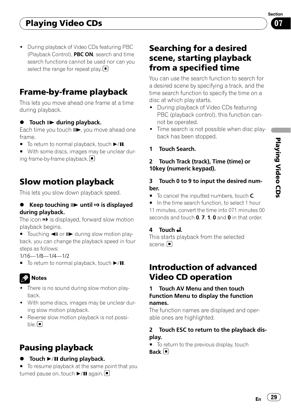 Frame-by-frame playback, Slow motion playback, Pausing playback | Searching for a desired scene, starting, Playback from a specified time, Introduction of advanced video cd, Operation, Introduction of advanced video cd operation, Playing video cds | Pioneer AVH-P3100DVD User Manual | Page 29 / 109