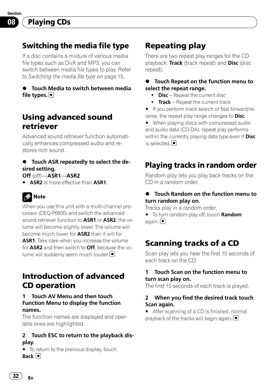 Switching the media file type, Using advanced sound retriever, Introduction of advanced cd operation | Repeating play, Playing tracks in random order, Scanning tracks of a cd, Playing cds | Pioneer AVH-P3100DVD User Manual | Page 32 / 109