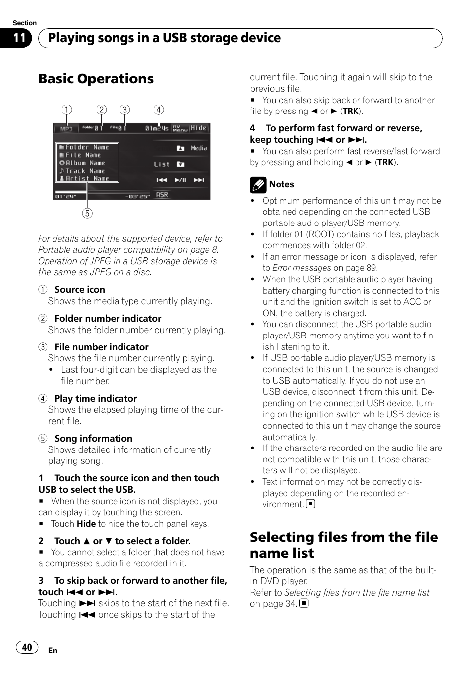 Selecting files from the file name list, Basic operations, Playing songs in a usb storage device | Pioneer AVH-P3100DVD User Manual | Page 40 / 109