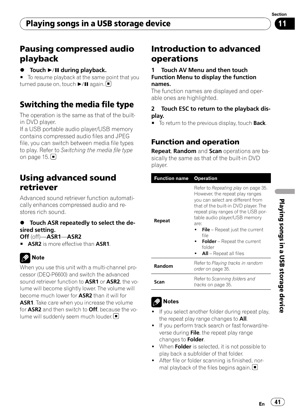 Pausing compressed audio playback, Switching the media file type, Using advanced sound retriever | Introduction to advanced operations, Playing songs in a usb storage device, Function and operation | Pioneer AVH-P3100DVD User Manual | Page 41 / 109