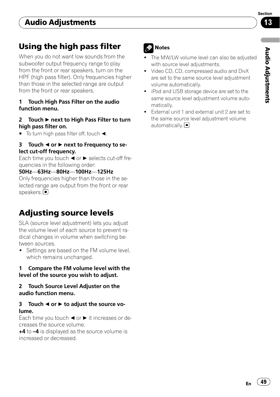Using the high pass filter, Adjusting source levels, Audio adjustments | Pioneer AVH-P3100DVD User Manual | Page 49 / 109