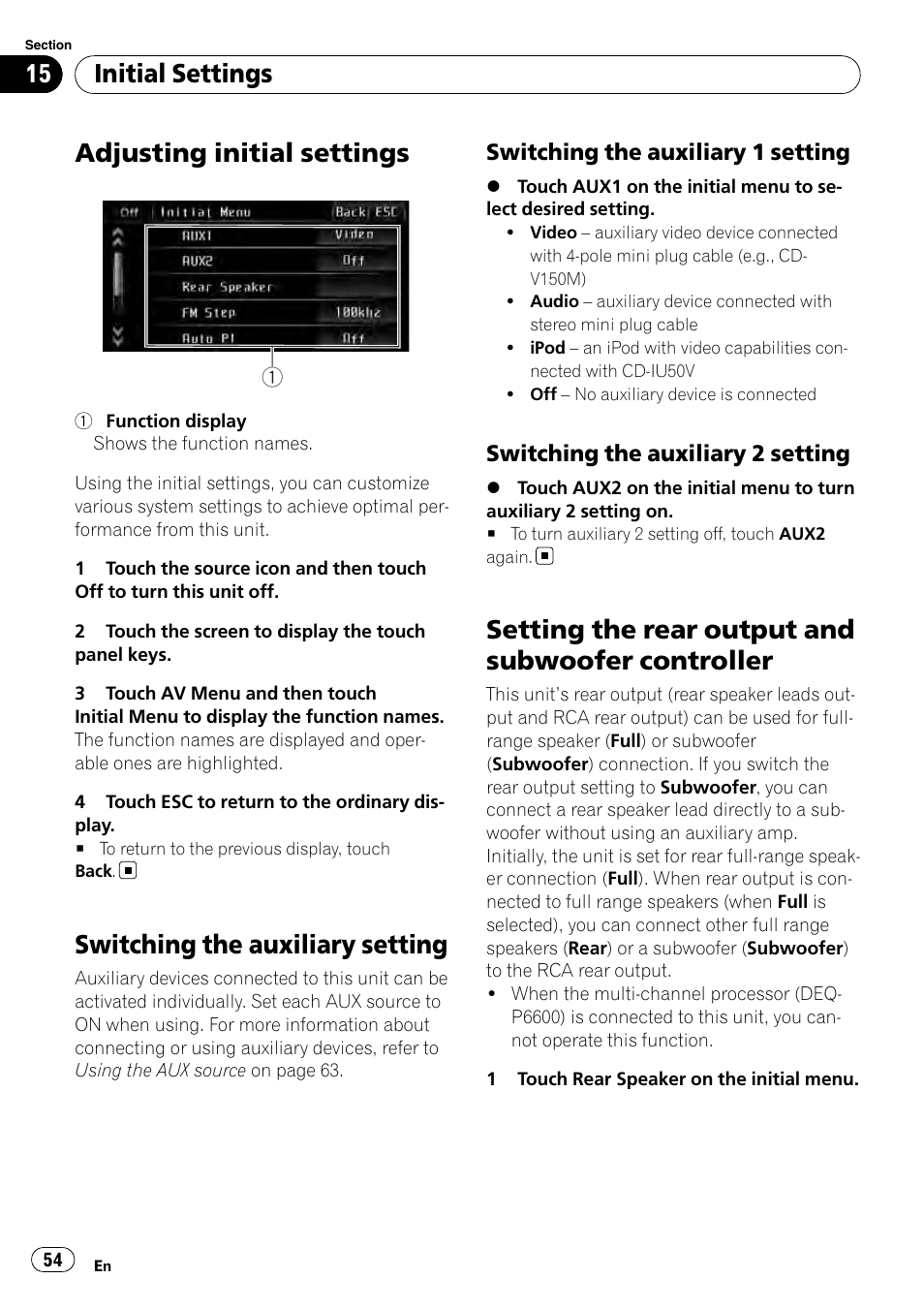 Initial settings adjusting initial settings, Switching the auxiliary setting, Setting the rear output and subwoofer | Controller, Switching the, Adjusting initial settings, Setting the rear output and subwoofer controller, Initial settings | Pioneer AVH-P3100DVD User Manual | Page 54 / 109