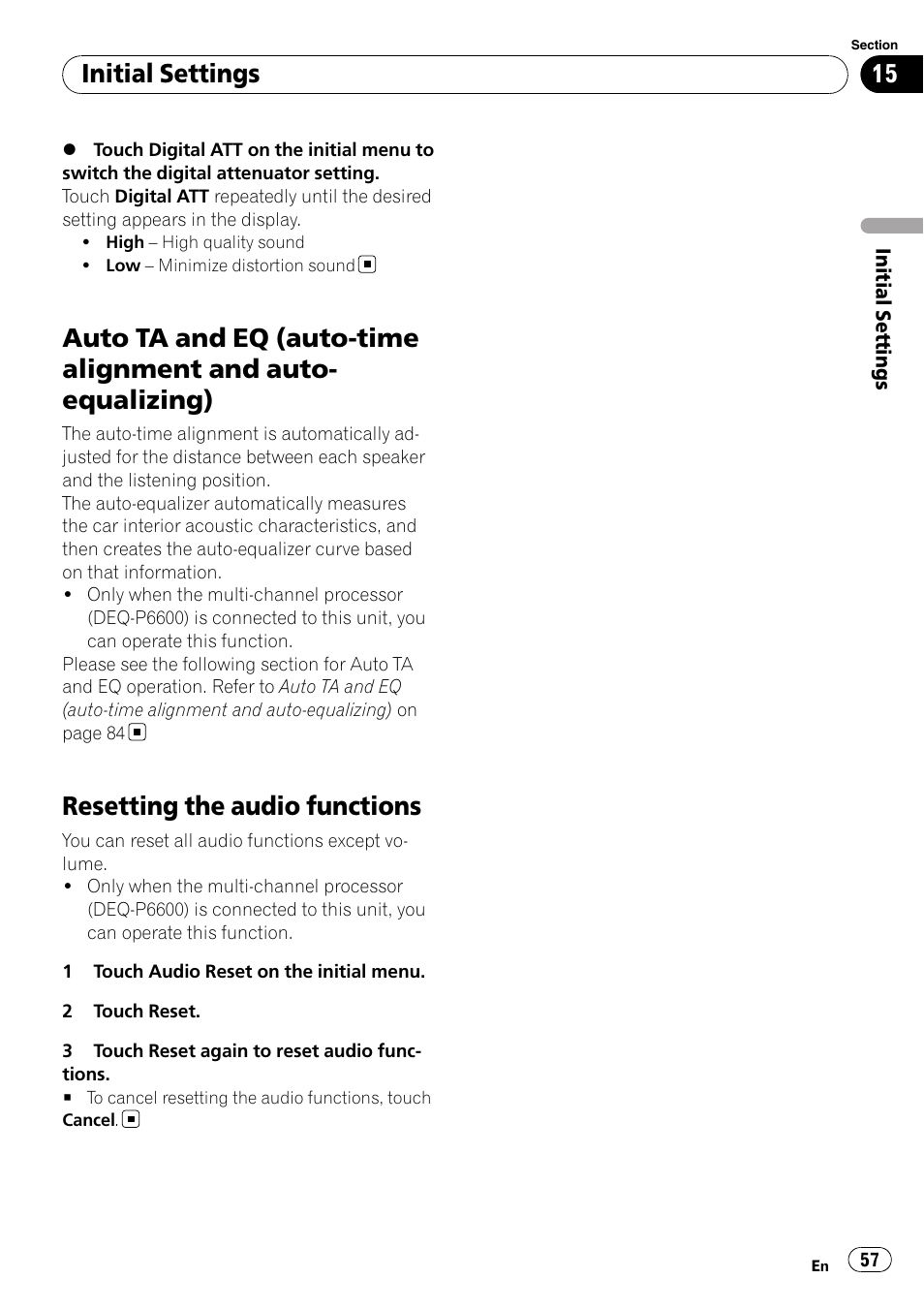 Auto ta and eq (auto-time alignment and, Auto-equalizing), Resetting the audio functions | Initial settings | Pioneer AVH-P3100DVD User Manual | Page 57 / 109
