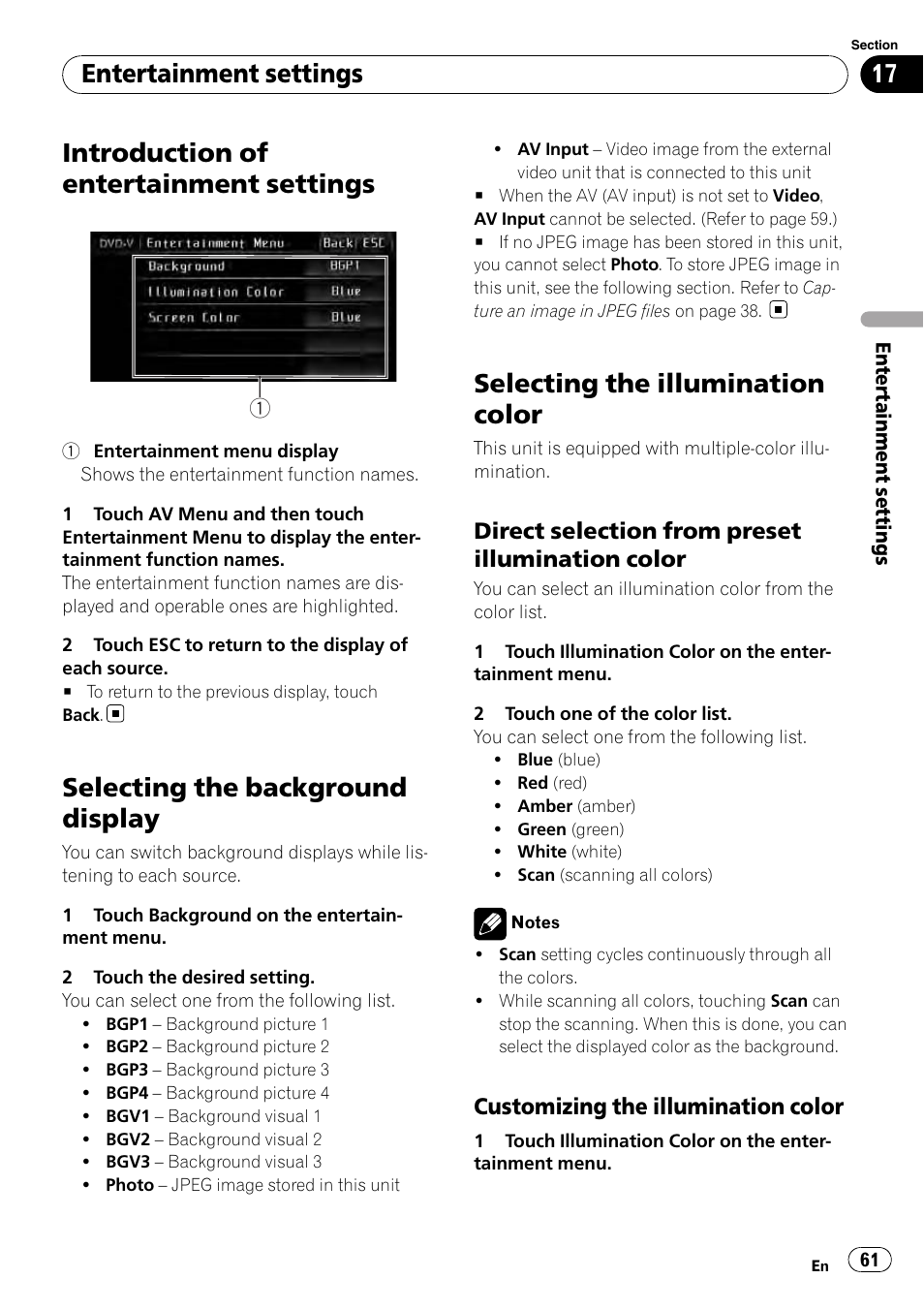 Selecting the background display, Selecting the illumination color, Introduction of entertainment settings | Entertainment settings | Pioneer AVH-P3100DVD User Manual | Page 61 / 109