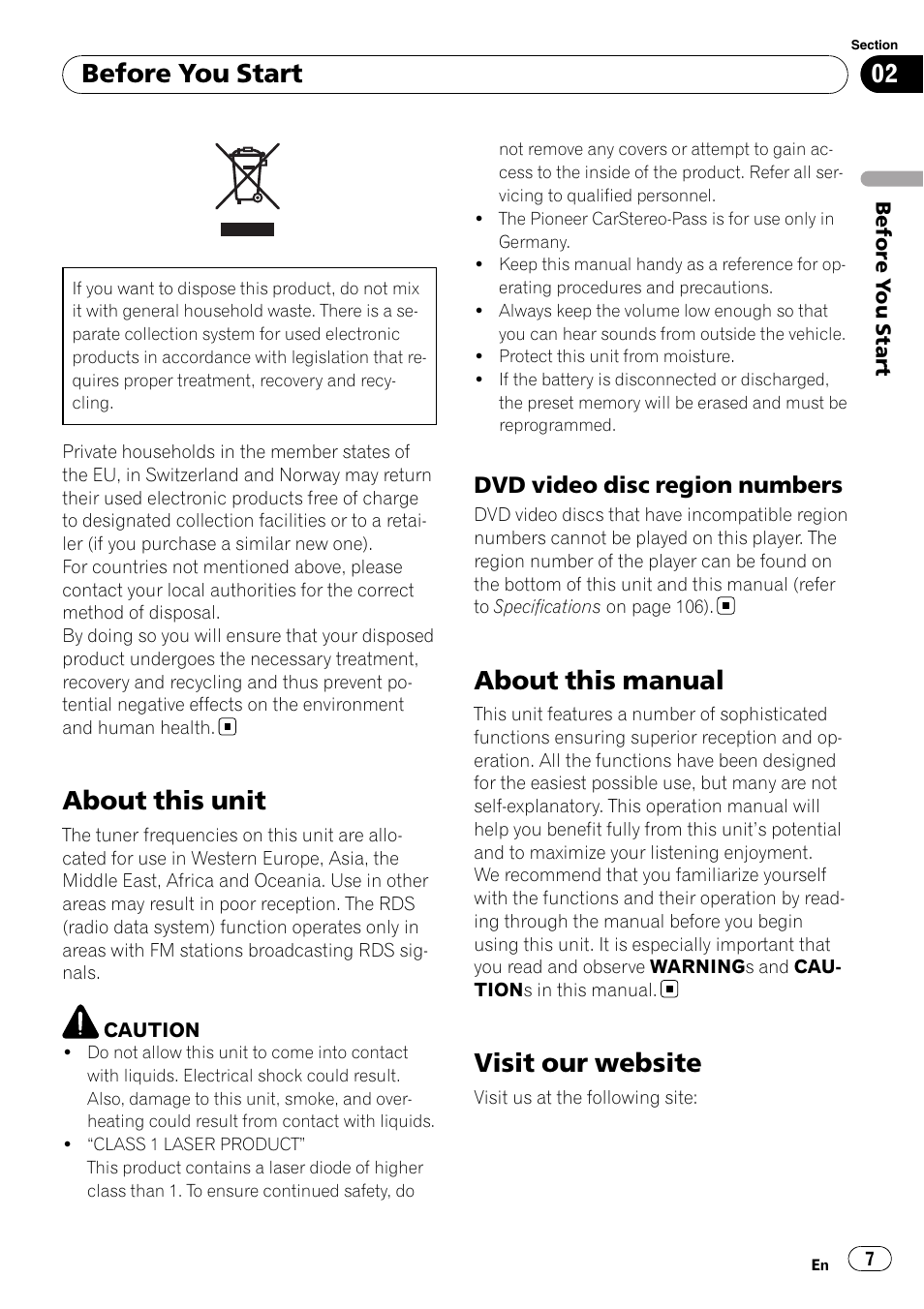 Dvd video disc region numbers 7, Before you start about this unit, About this manual | Visit our website, About this unit, Before you start | Pioneer AVH-P3100DVD User Manual | Page 7 / 109