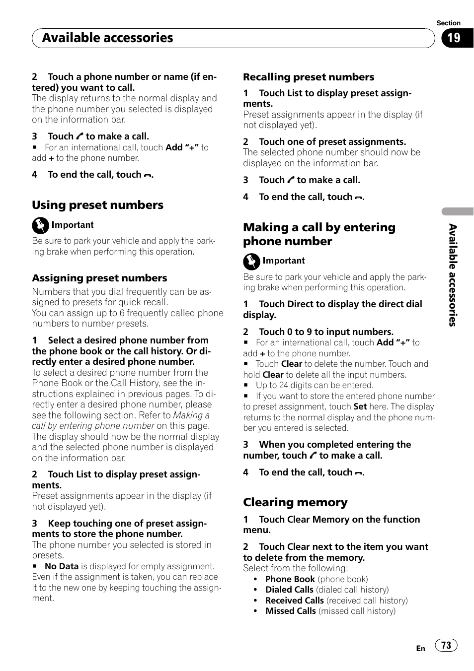 Available accessories, Using preset numbers, Making a call by entering phone number | Pioneer AVH-P3100DVD User Manual | Page 73 / 109