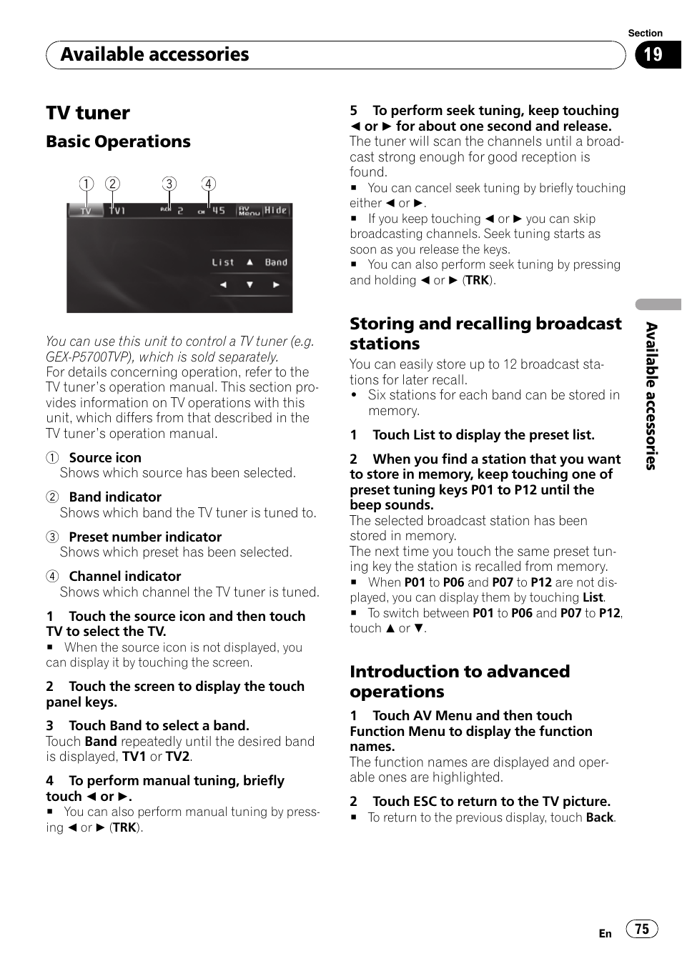 Tv tuner, Available accessories | Pioneer AVH-P3100DVD User Manual | Page 75 / 109