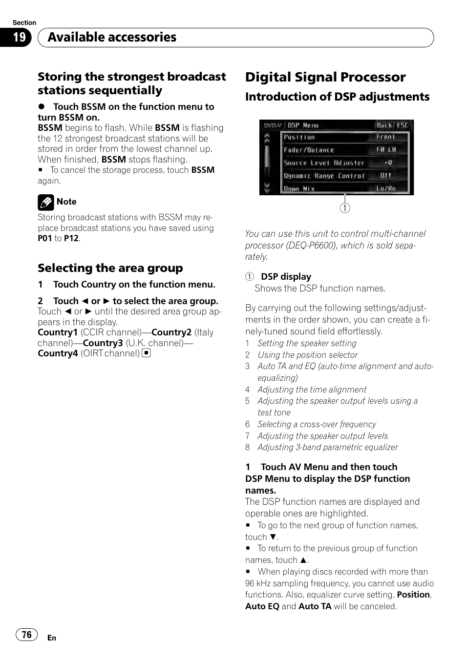 Digital signal processor, Available accessories, Selecting the area group | Introduction of dsp adjustments | Pioneer AVH-P3100DVD User Manual | Page 76 / 109