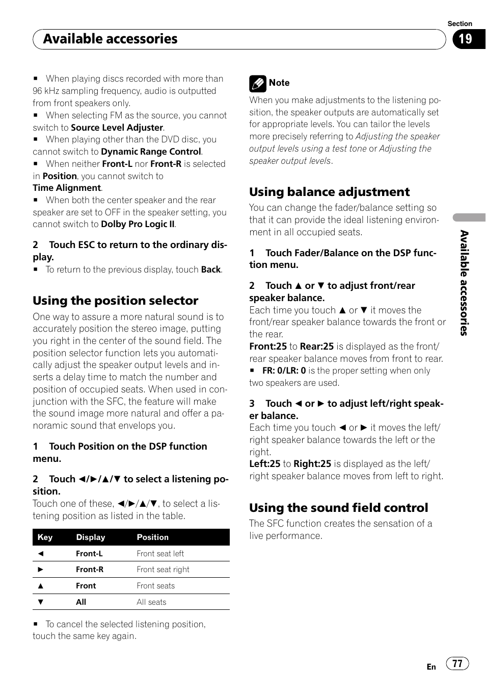 Using the position selector, Available accessories, Using balance adjustment | Using the sound field control | Pioneer AVH-P3100DVD User Manual | Page 77 / 109