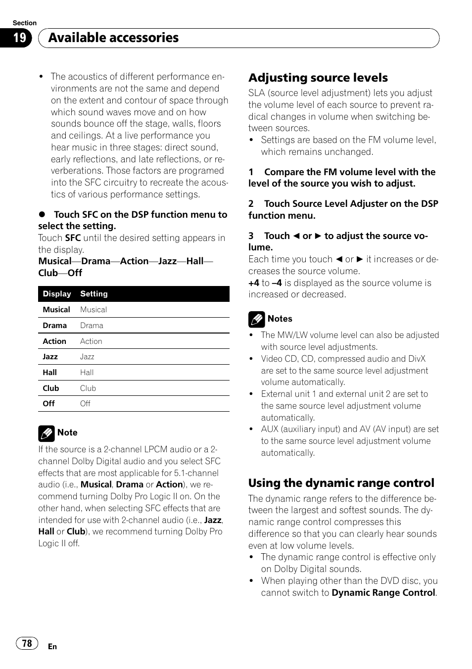 Available accessories, Adjusting source levels, Using the dynamic range control | Pioneer AVH-P3100DVD User Manual | Page 78 / 109