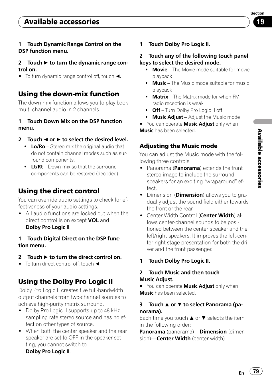 Available accessories, Using the down-mix function, Using the direct control | Using the dolby pro logic ii | Pioneer AVH-P3100DVD User Manual | Page 79 / 109