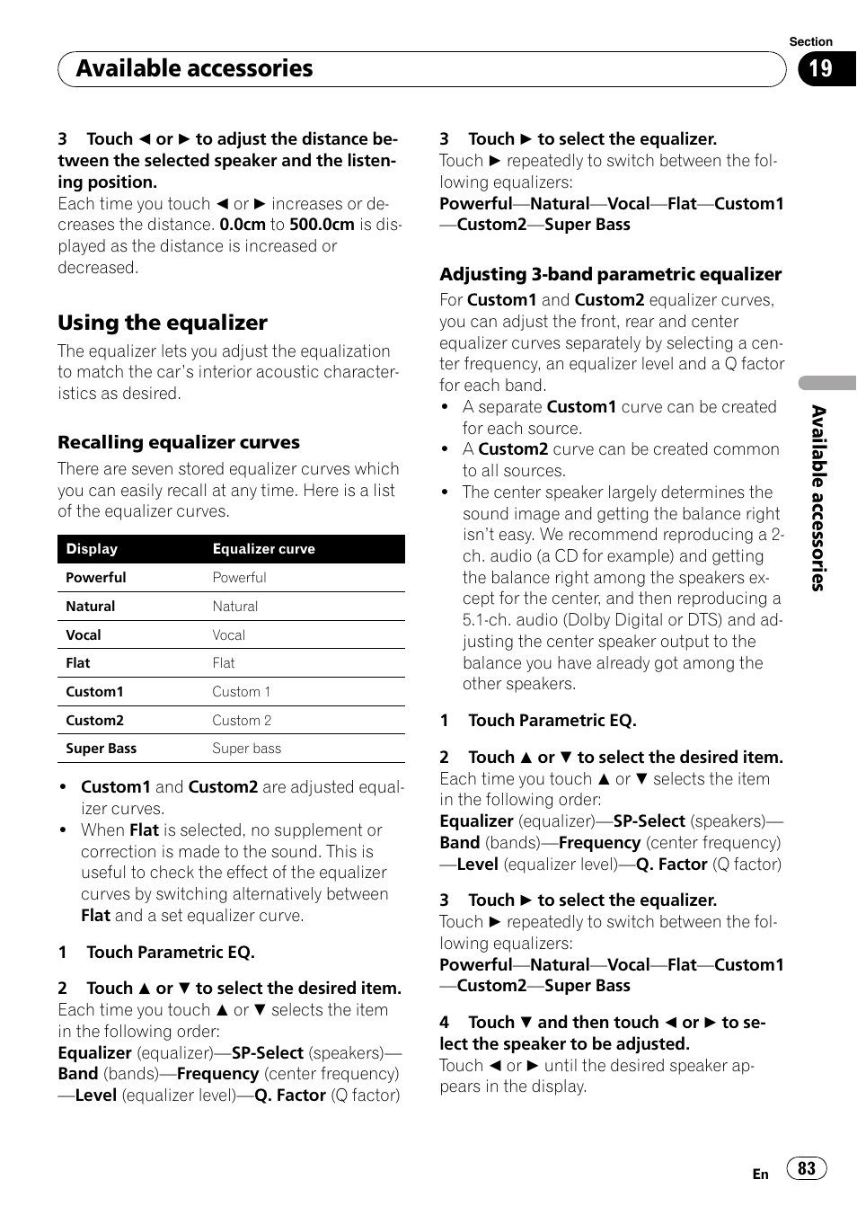 Adjusting 3-band parametric equalizer, Available accessories, Using the equalizer | Pioneer AVH-P3100DVD User Manual | Page 83 / 109