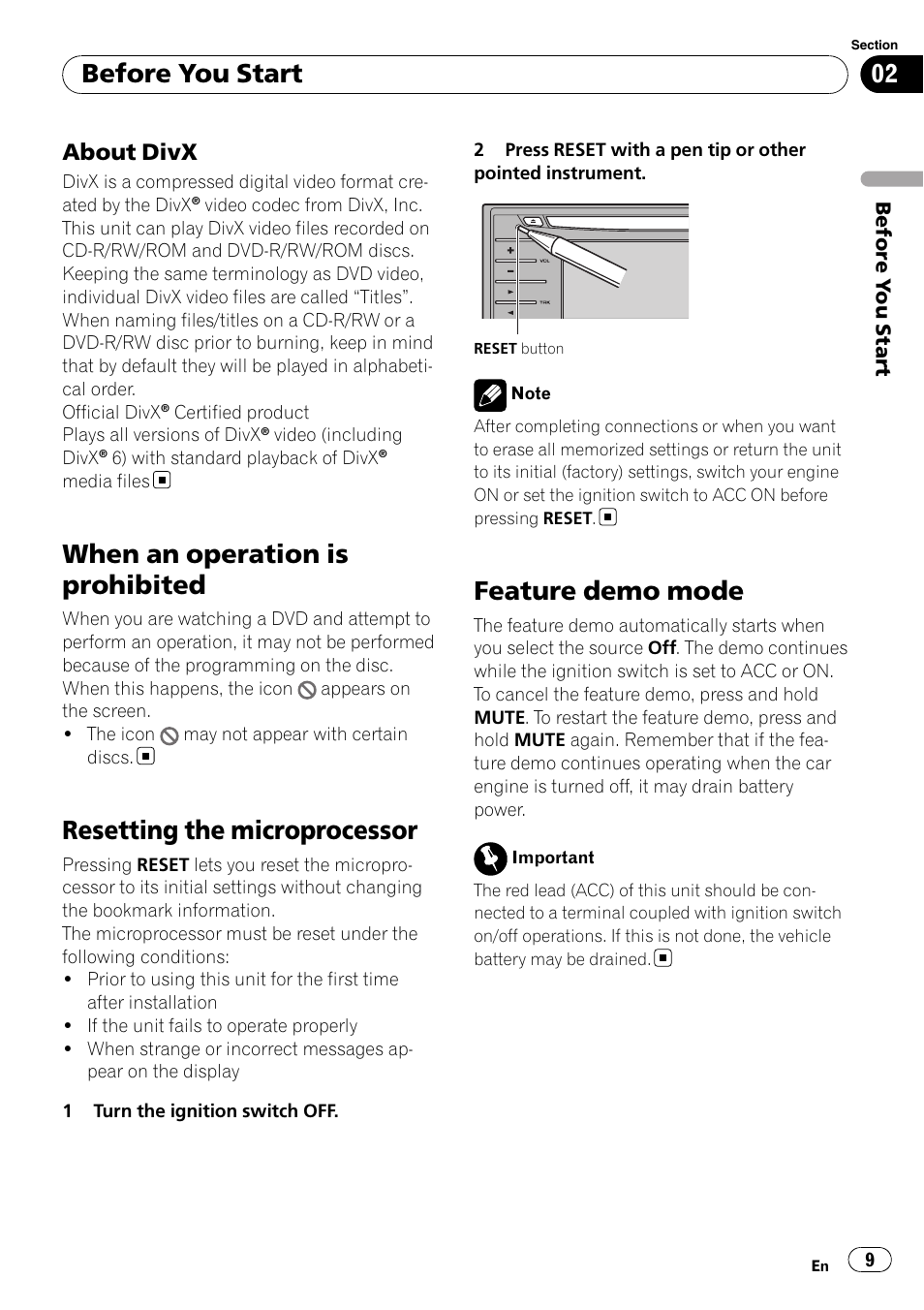When an operation is prohibited 9, When an operation is prohibited, Resetting the microprocessor | Feature demo mode, Before you start, About divx | Pioneer AVH-P3100DVD User Manual | Page 9 / 109