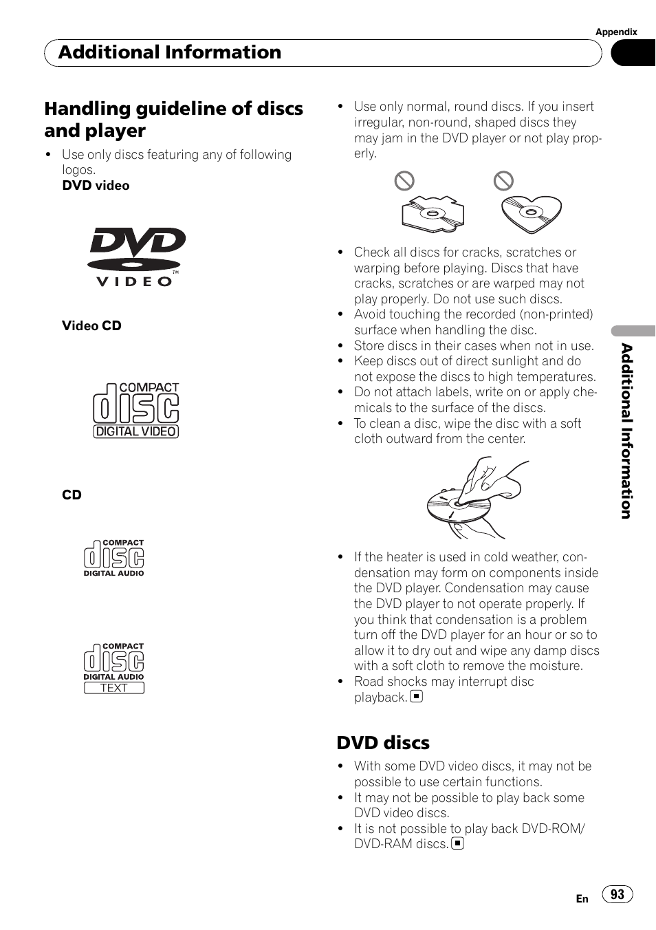 Handling guideline of discs and player 93, Handling guideline of discs and player, Dvd discs | Additional information | Pioneer AVH-P3100DVD User Manual | Page 93 / 109