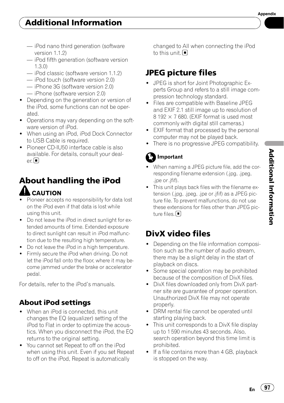 About handling the ipod, Jpeg picture files, Divx video files | Additional information, About ipod settings | Pioneer AVH-P3100DVD User Manual | Page 97 / 109