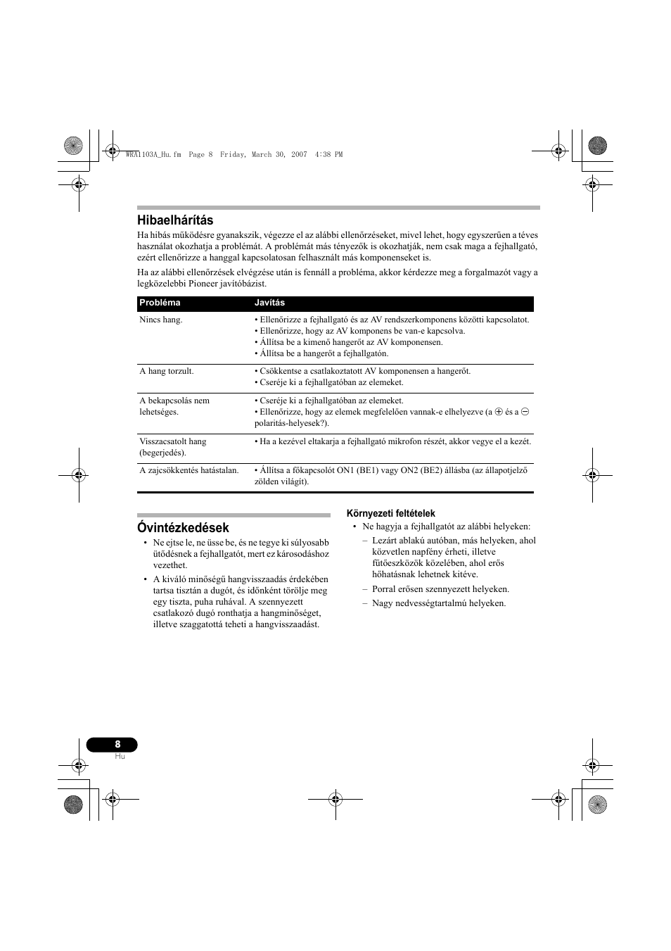 Hibaelhárítás, Óvintézkedések | Pioneer SE-MJ7NC User Manual | Page 104 / 132