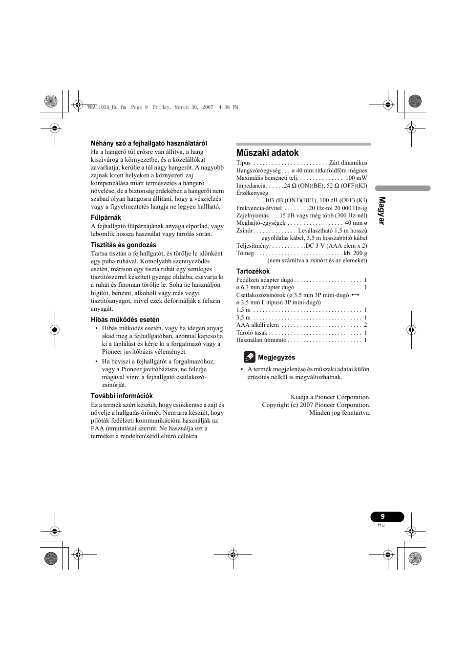 Műszaki adatok | Pioneer SE-MJ7NC User Manual | Page 105 / 132