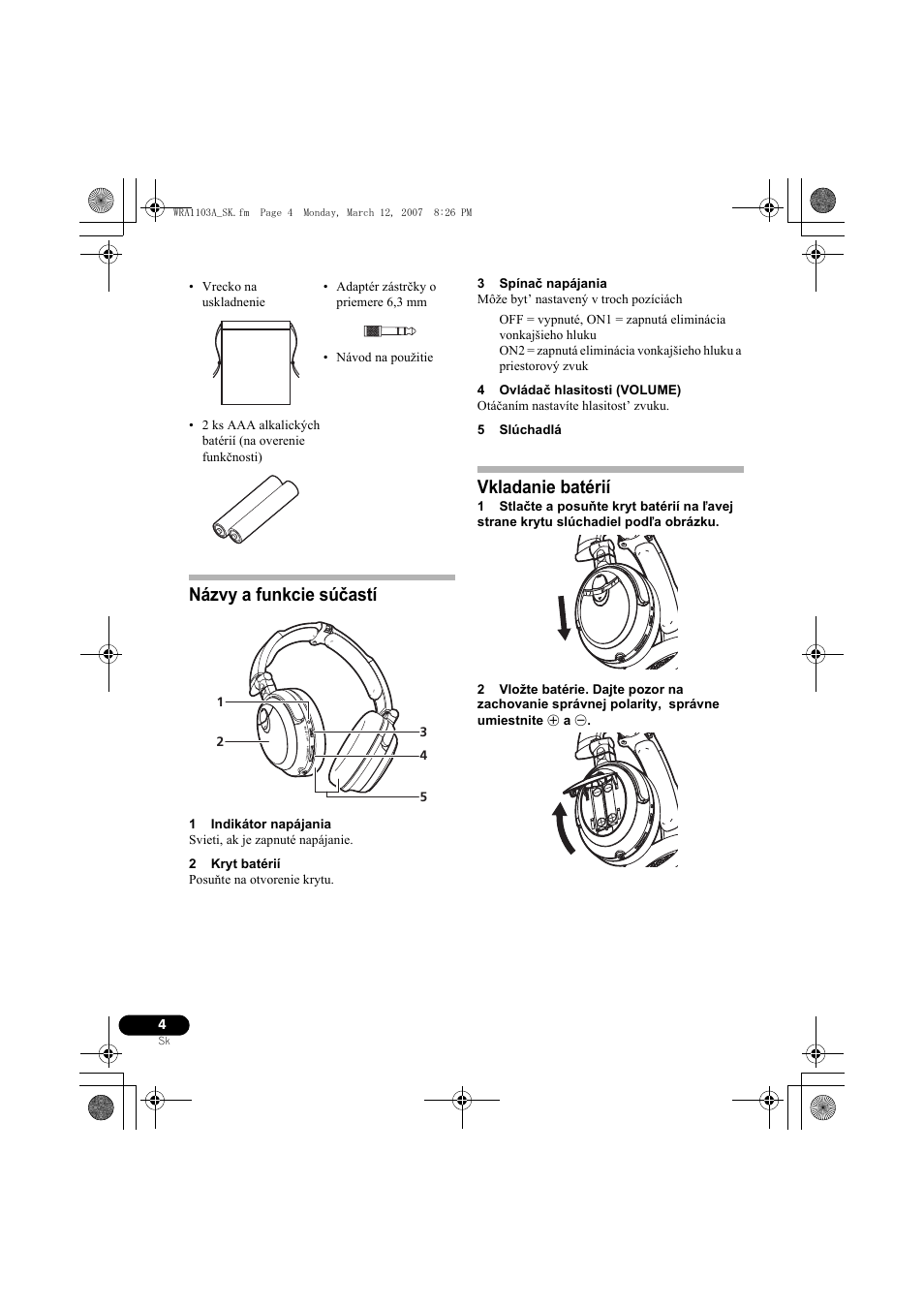 Názvy a funkcie súčastí, Vkladanie batérií | Pioneer SE-MJ7NC User Manual | Page 108 / 132