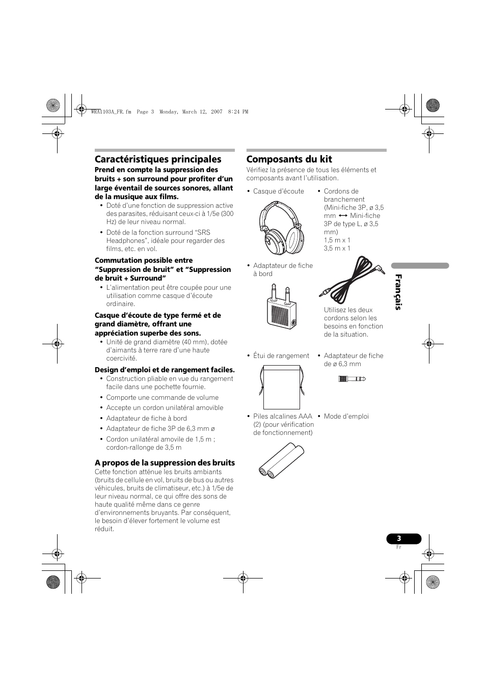 Caractéristiques principales, Composants du kit | Pioneer SE-MJ7NC User Manual | Page 11 / 132