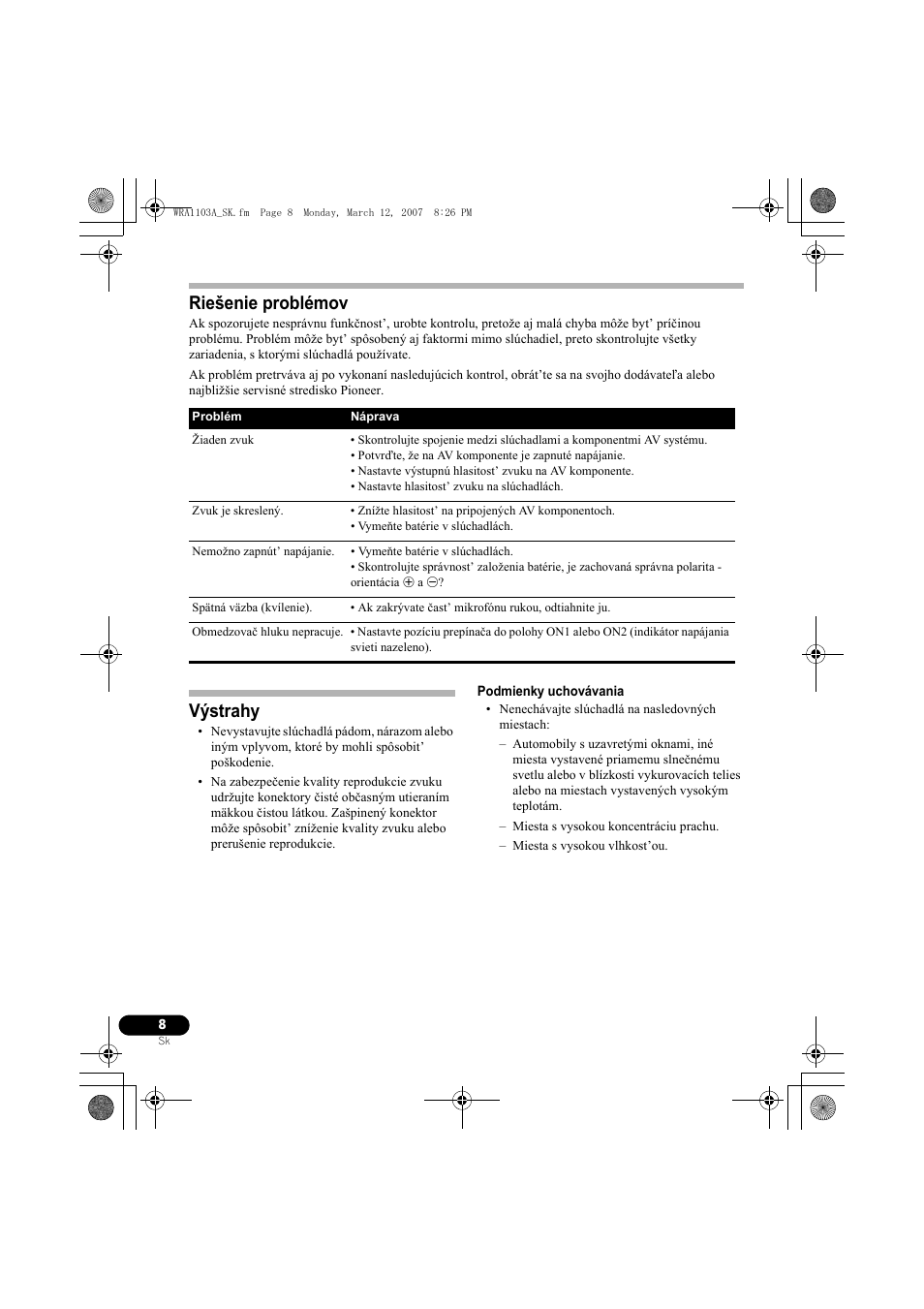 Riešenie problémov, Výstrahy | Pioneer SE-MJ7NC User Manual | Page 112 / 132