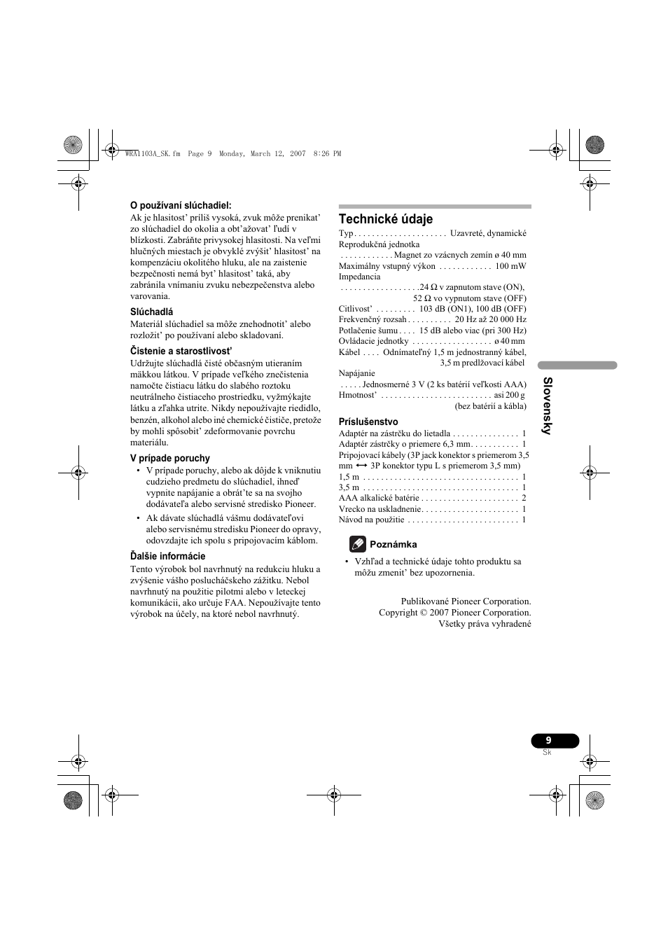 Technické údaje | Pioneer SE-MJ7NC User Manual | Page 113 / 132