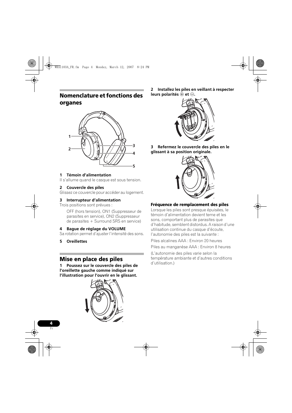 Nomenclature et fonctions des organes, Mise en place des piles | Pioneer SE-MJ7NC User Manual | Page 12 / 132