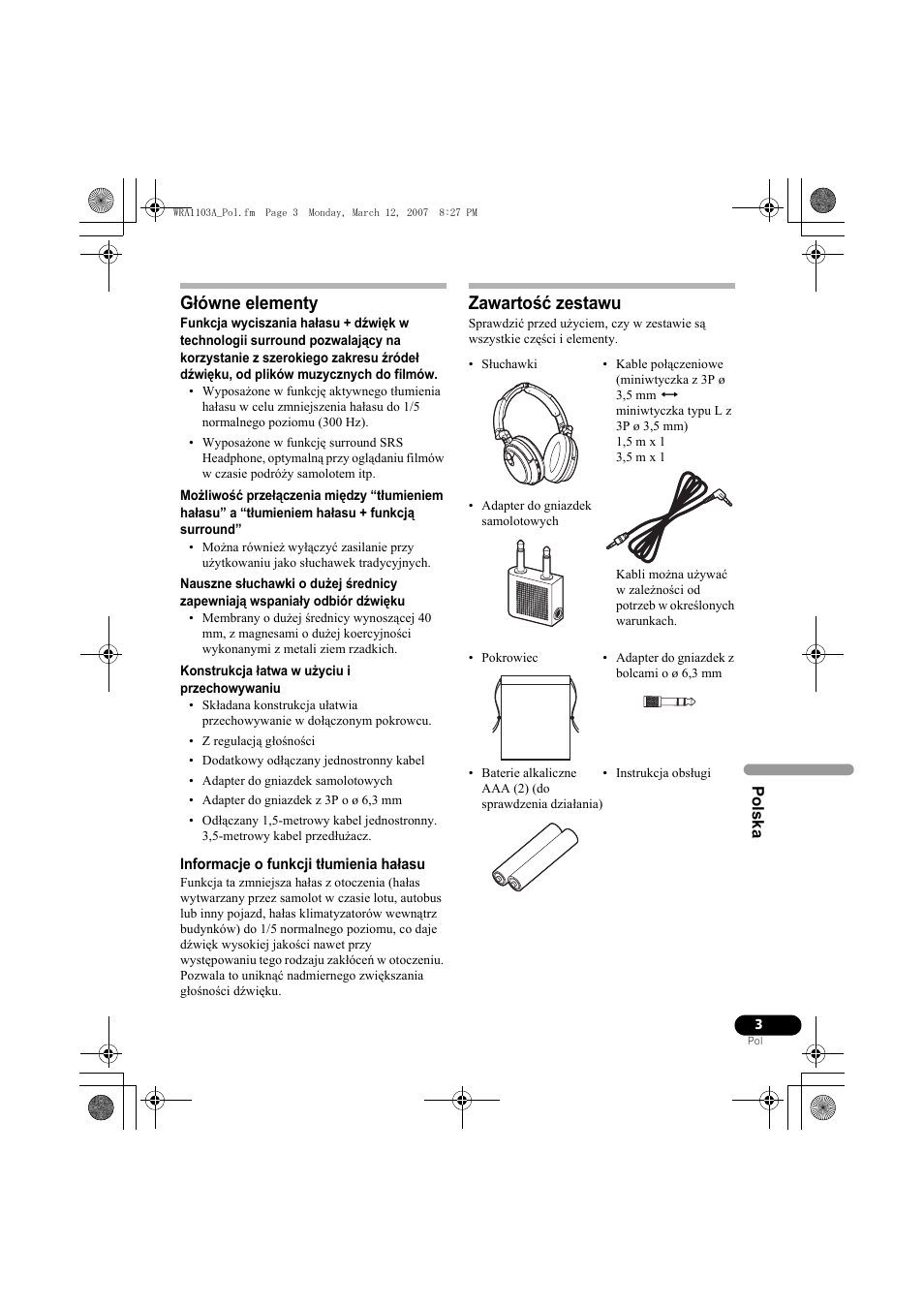 Główne elementy, Zawartość zestawu | Pioneer SE-MJ7NC User Manual | Page 123 / 132