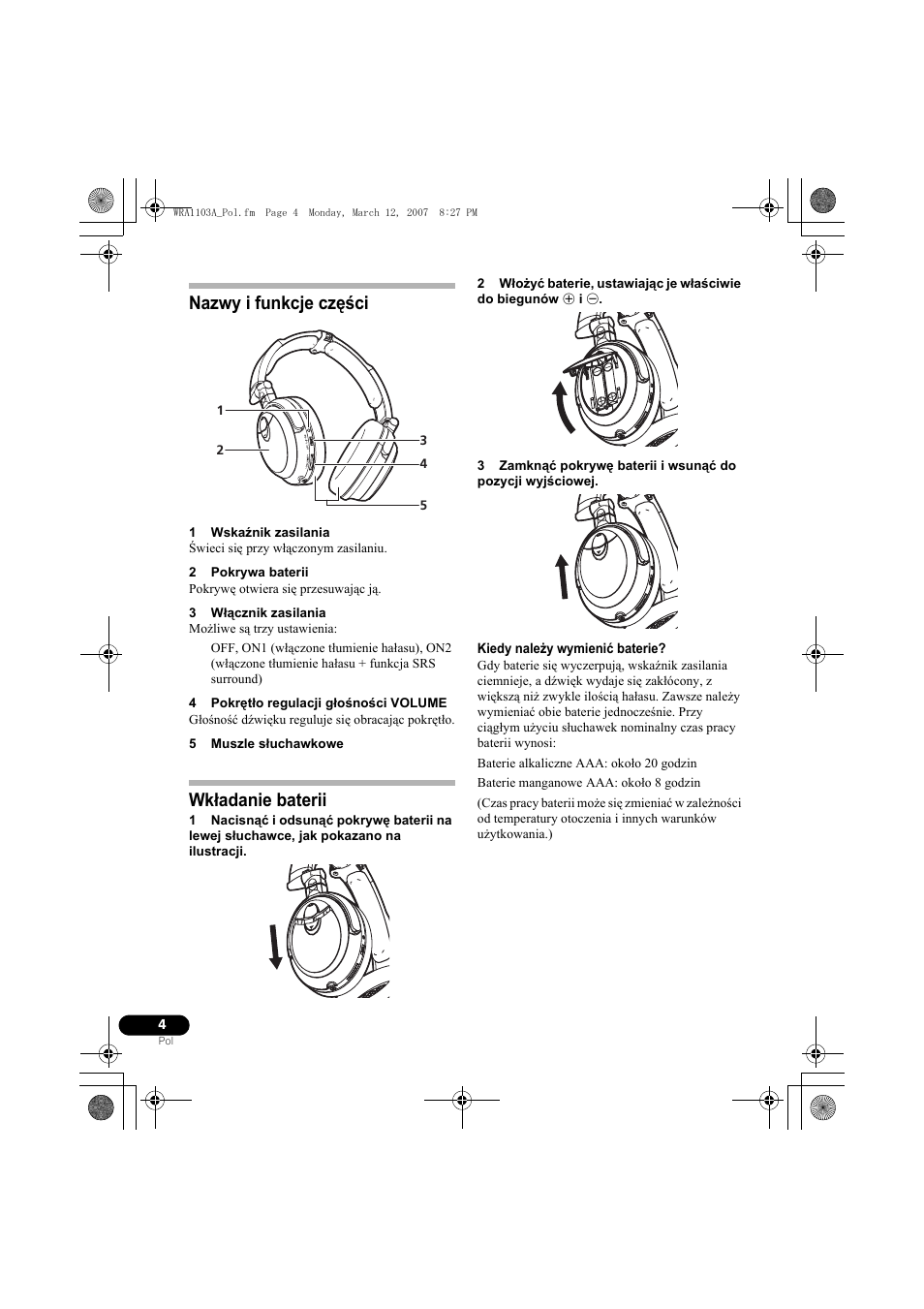 Nazwy i funkcje części, Wkładanie baterii | Pioneer SE-MJ7NC User Manual | Page 124 / 132