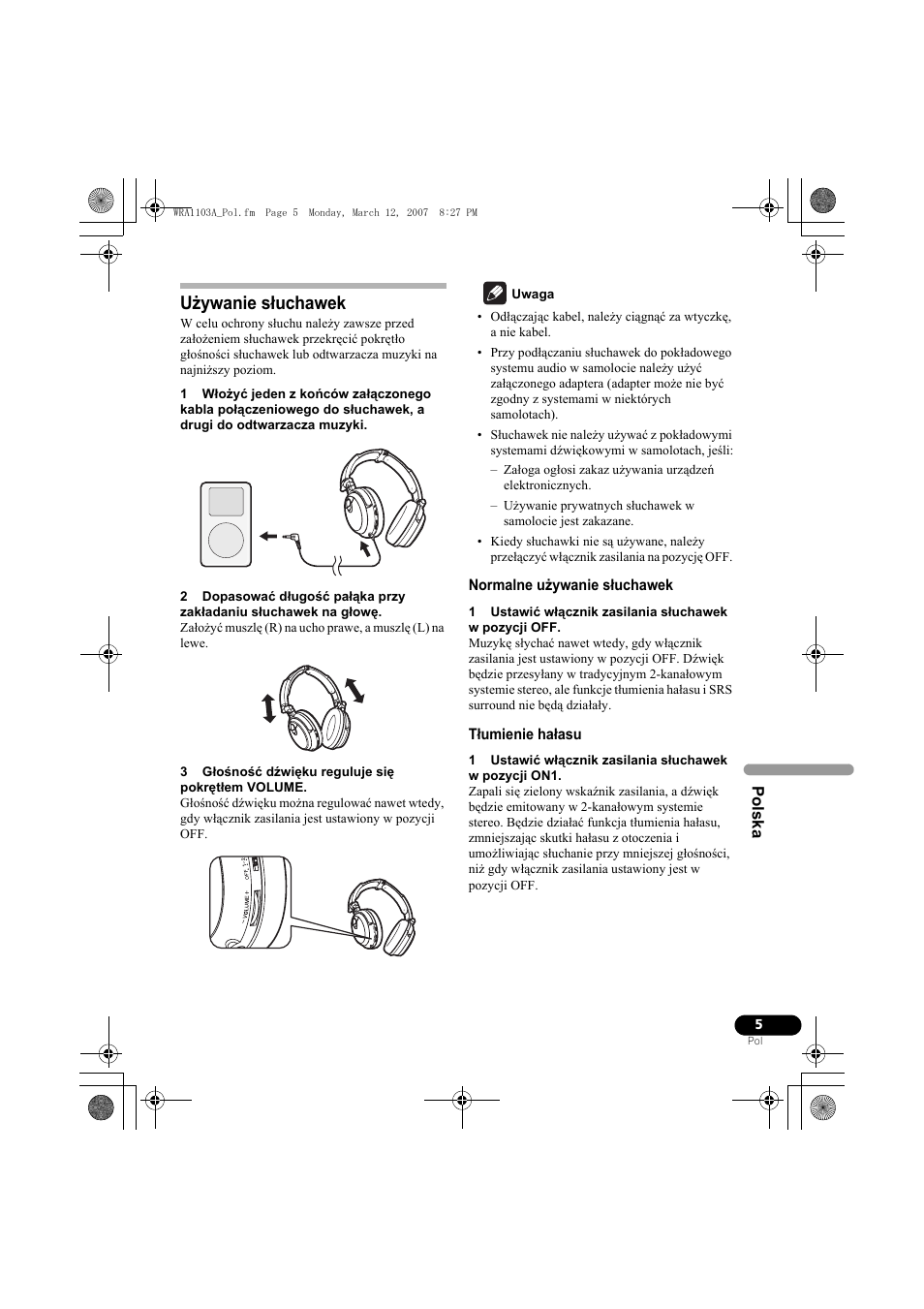 Używanie słuchawek | Pioneer SE-MJ7NC User Manual | Page 125 / 132