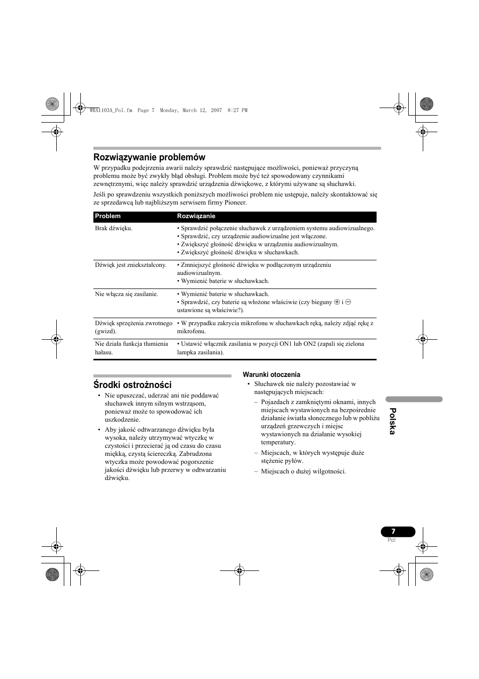 Rozwiązywanie problemów, Środki ostrożności | Pioneer SE-MJ7NC User Manual | Page 127 / 132