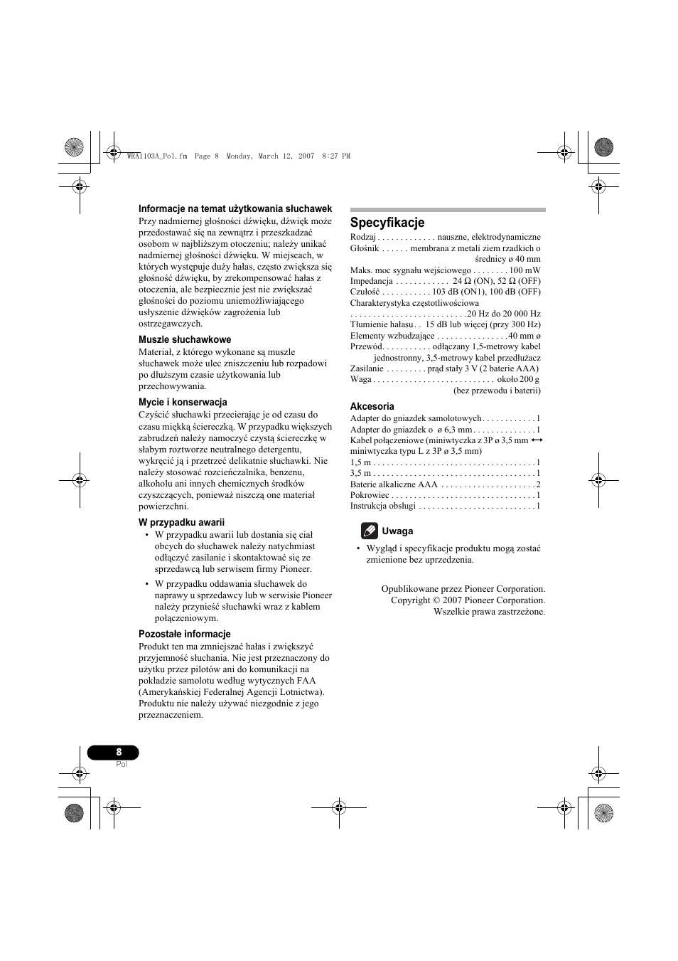Specyfikacje | Pioneer SE-MJ7NC User Manual | Page 128 / 132
