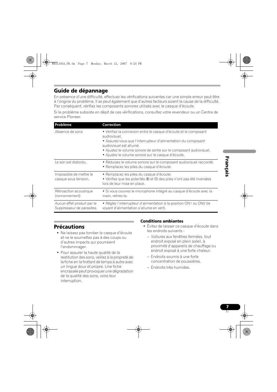 Guide de dépannage, Précautions | Pioneer SE-MJ7NC User Manual | Page 15 / 132