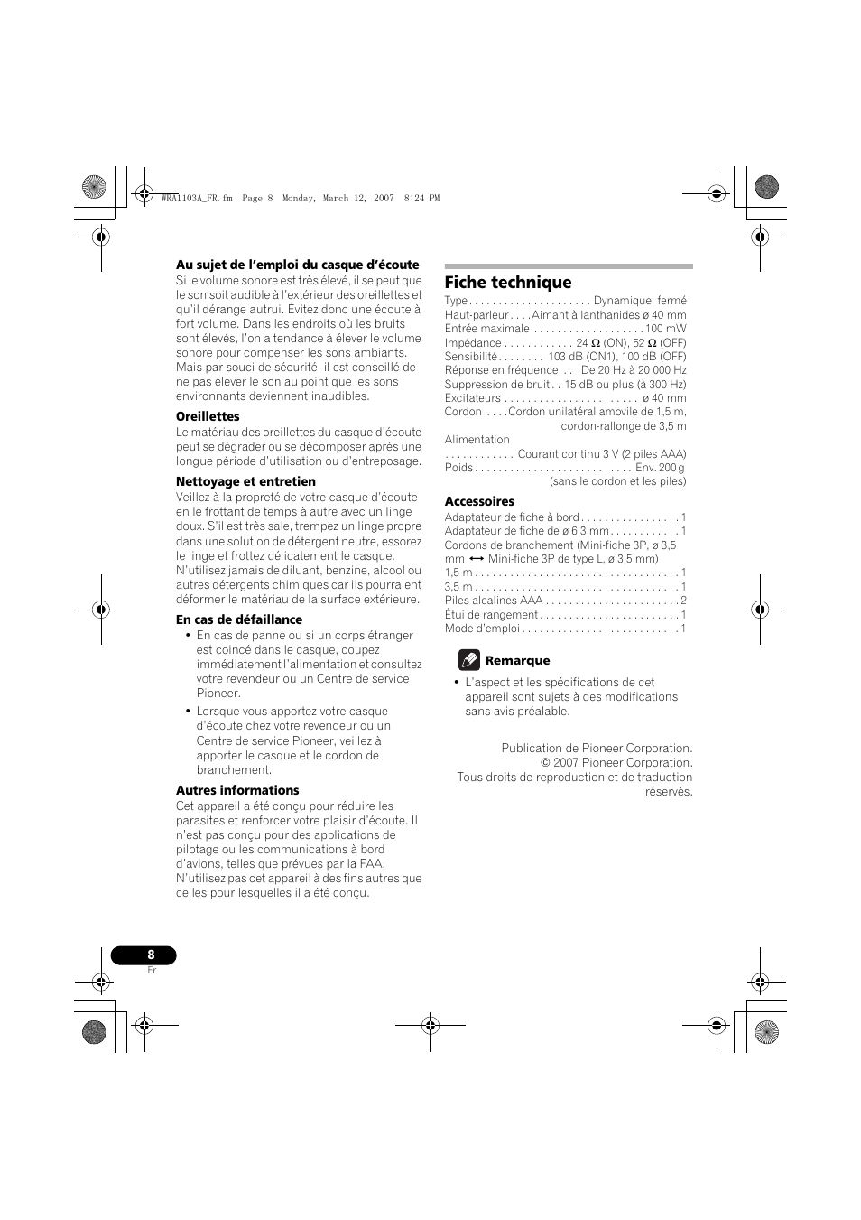 Fiche technique | Pioneer SE-MJ7NC User Manual | Page 16 / 132